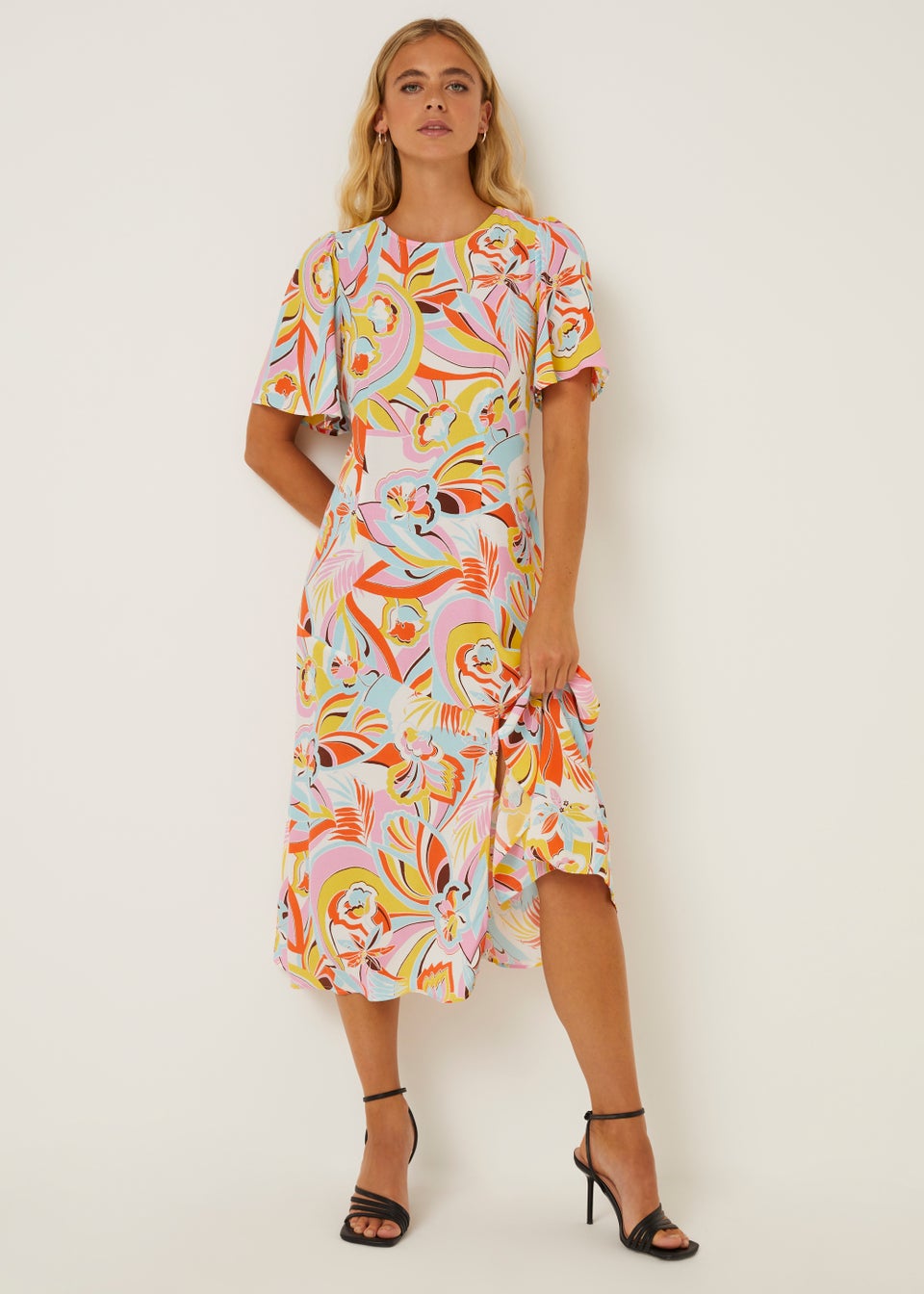 Be Beau Swirl Print Angel Sleeve Midi Dress