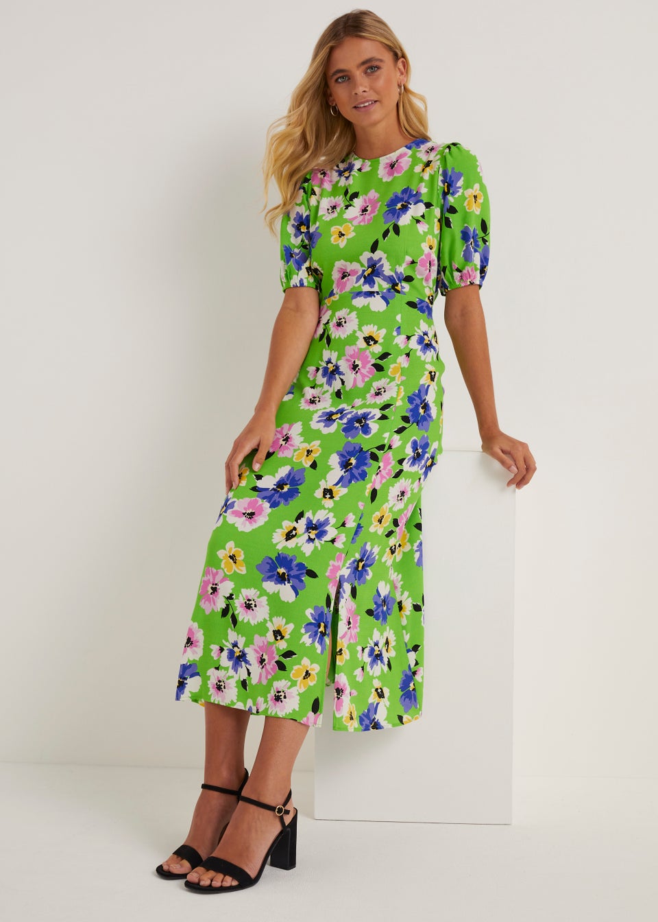Be Beau Green Floral Cut Out Midi Dress