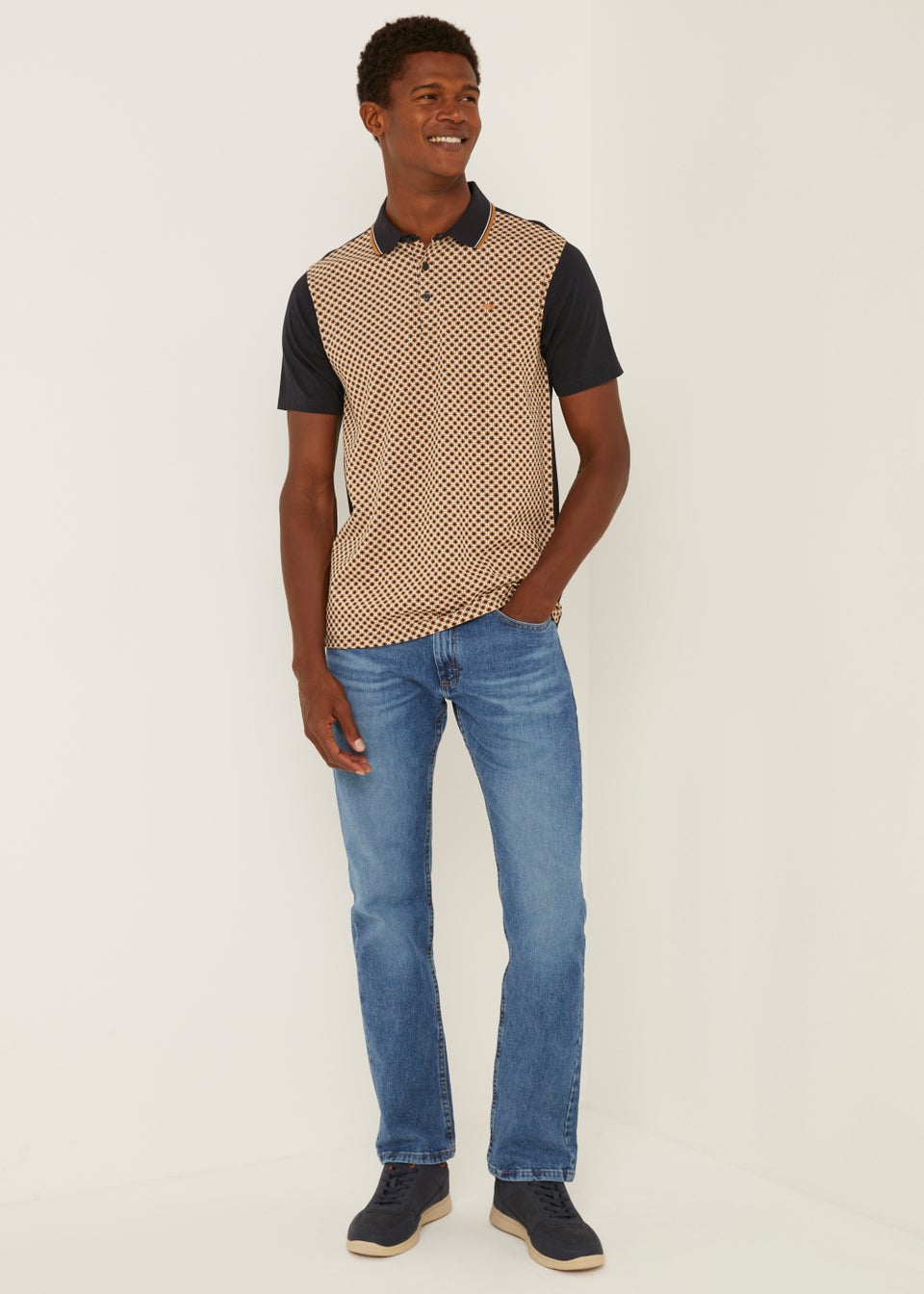 Tan & Navy Smart Print Polo Shirt