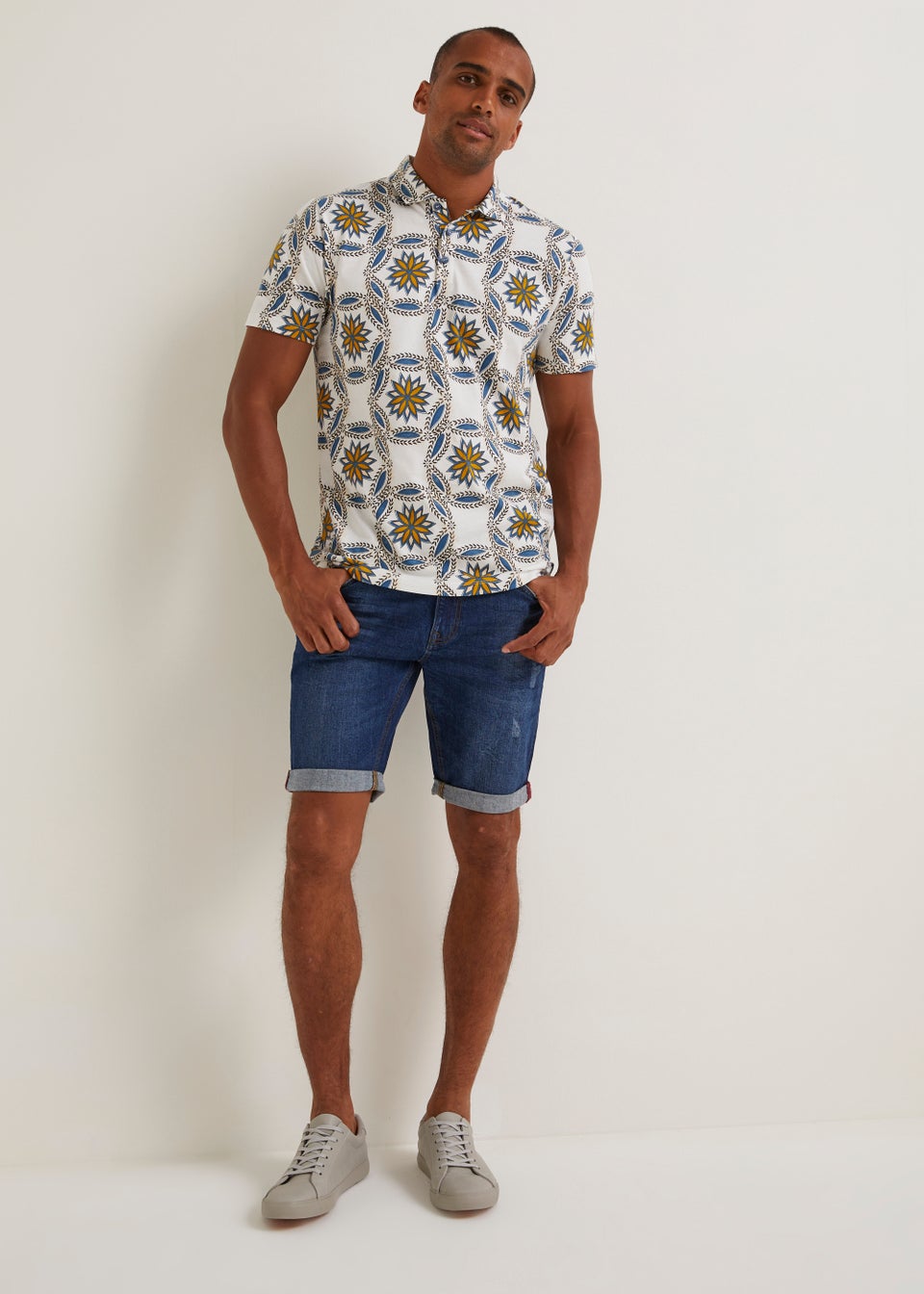 White Tribal Tile Print Polo Shirt
