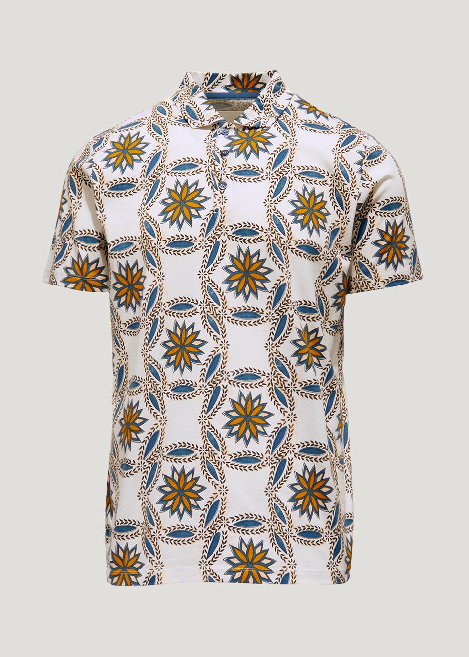 White Tribal Tile Print Polo Shirt