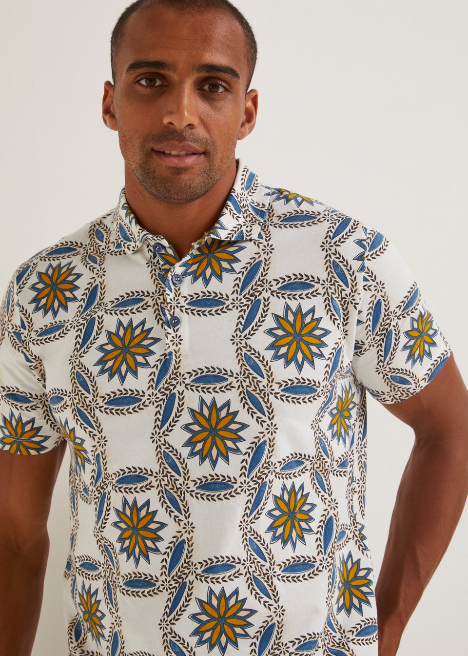 White Tribal Tile Print Polo Shirt