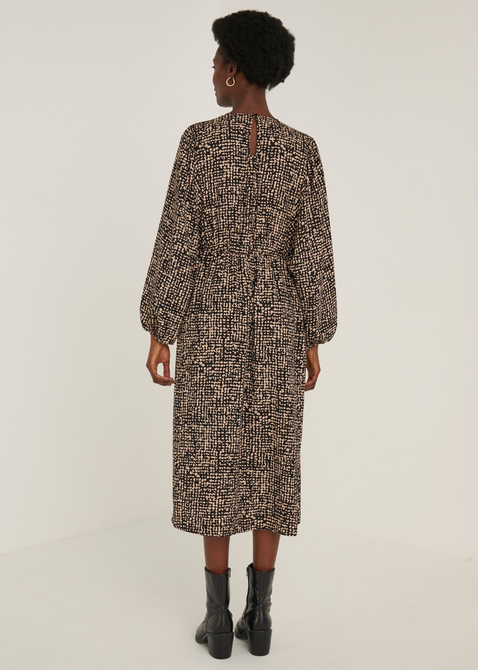 Black Twill Patterned Long Sleeve Midi dress