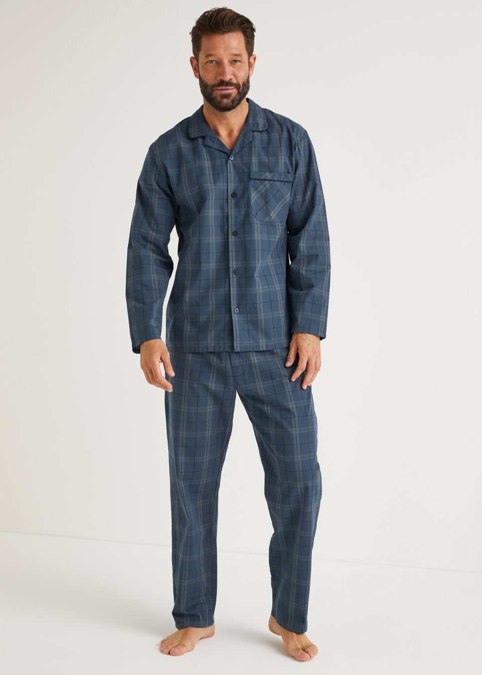 Navy Check Woven Button Up Pyjama Set