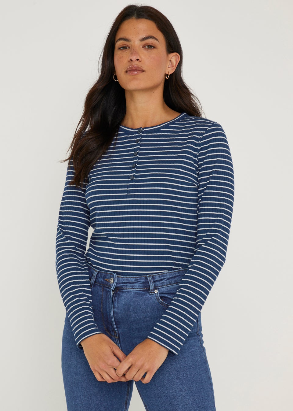Navy Stripe Long Sleeve Ribbed Henley Top