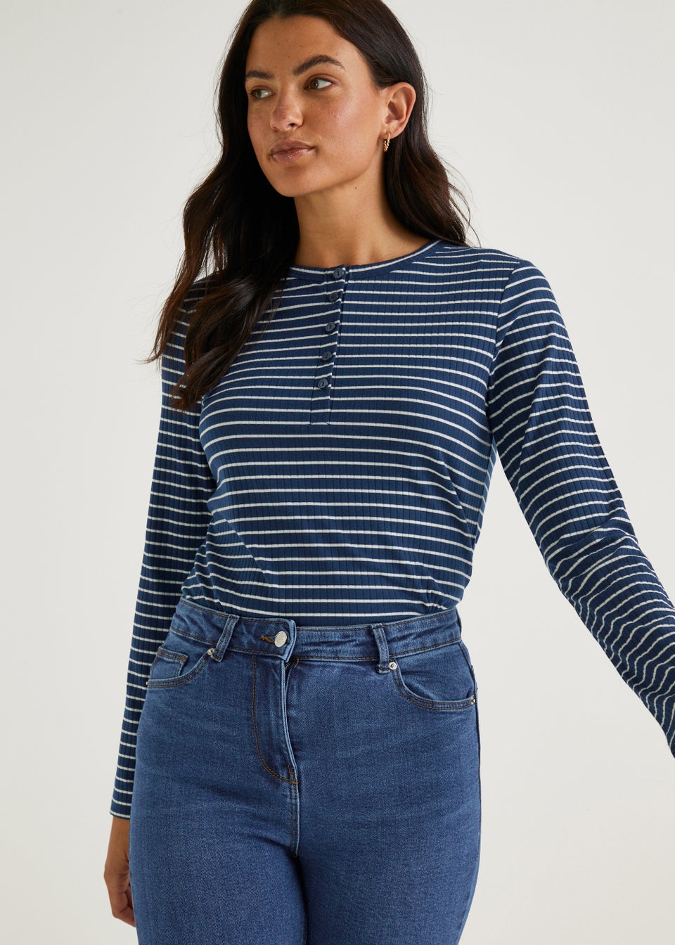 Navy Stripe Long Sleeve Ribbed Henley Top