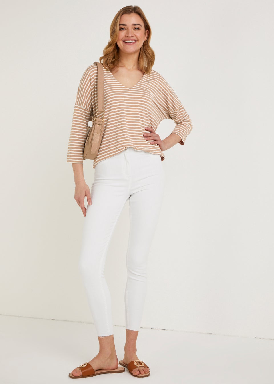 Beige Stripe V-Neck 3/4 Sleeve Top