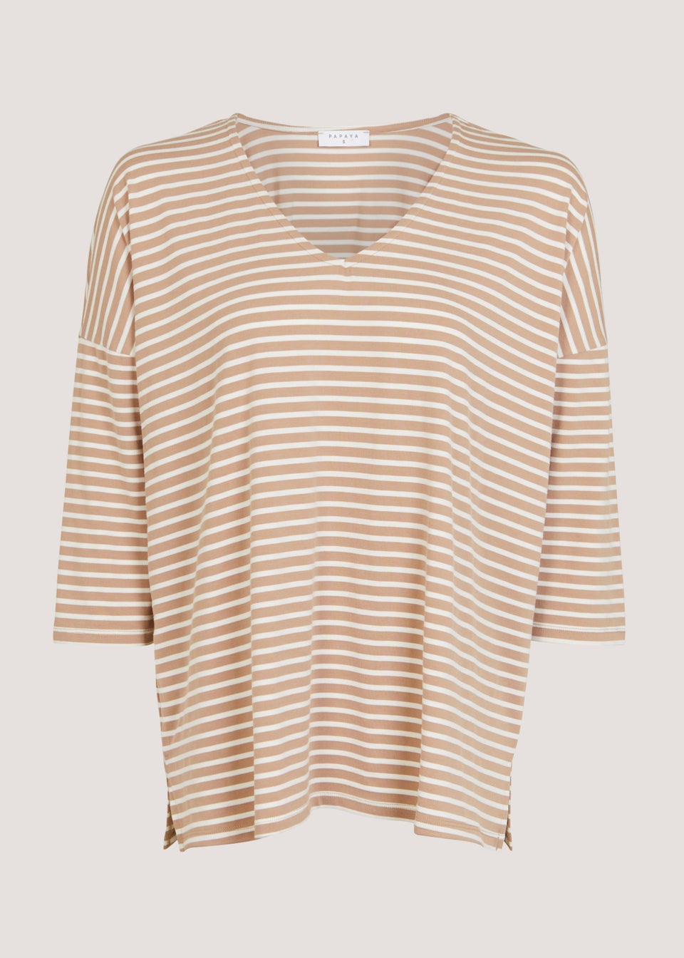 Beige Stripe V-Neck 3/4 Sleeve Top