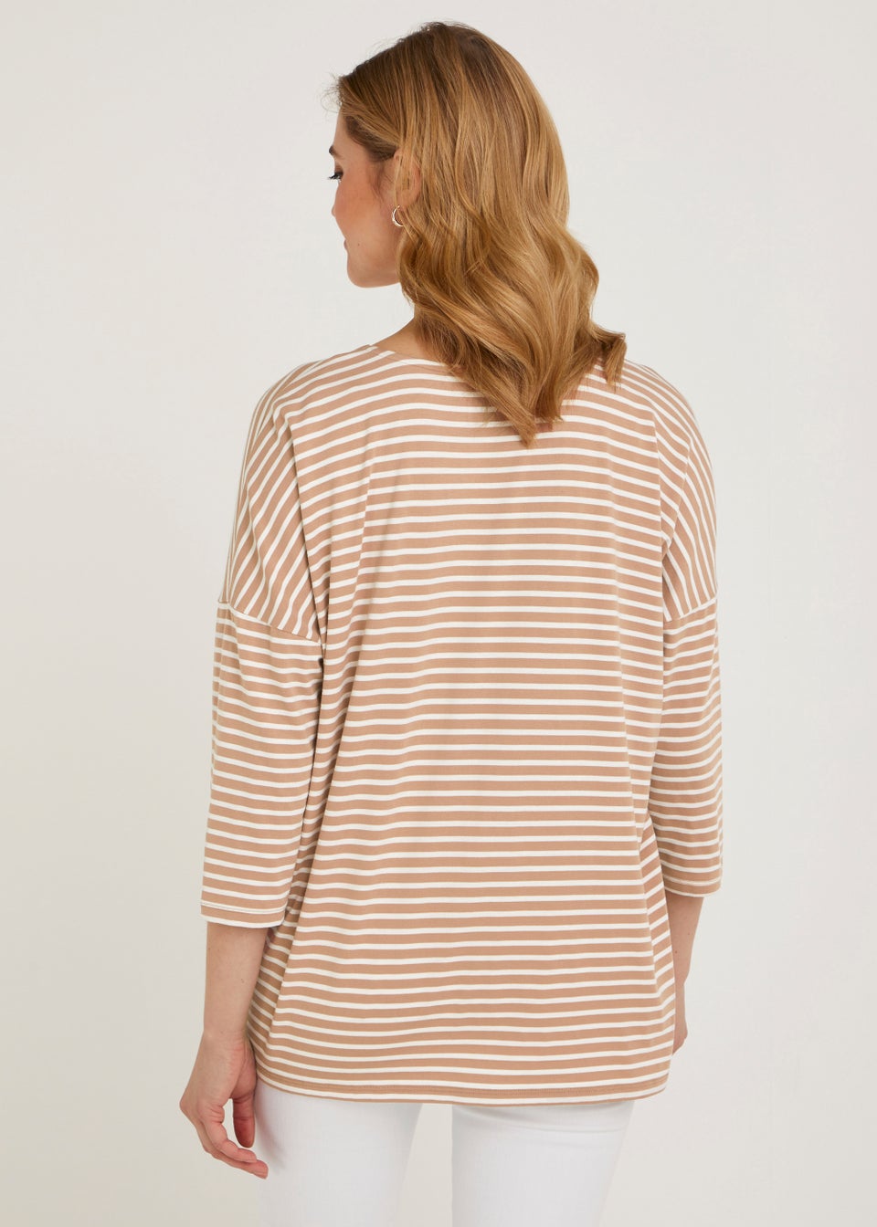 Beige Stripe V-Neck 3/4 Sleeve Top