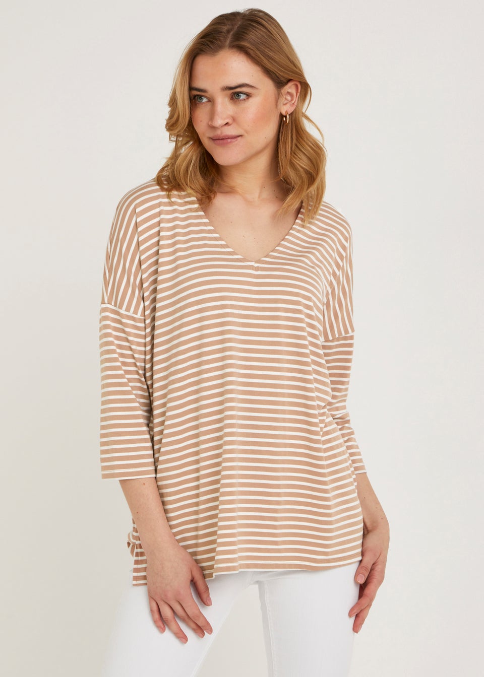 Beige Stripe V-Neck 3/4 Sleeve Top