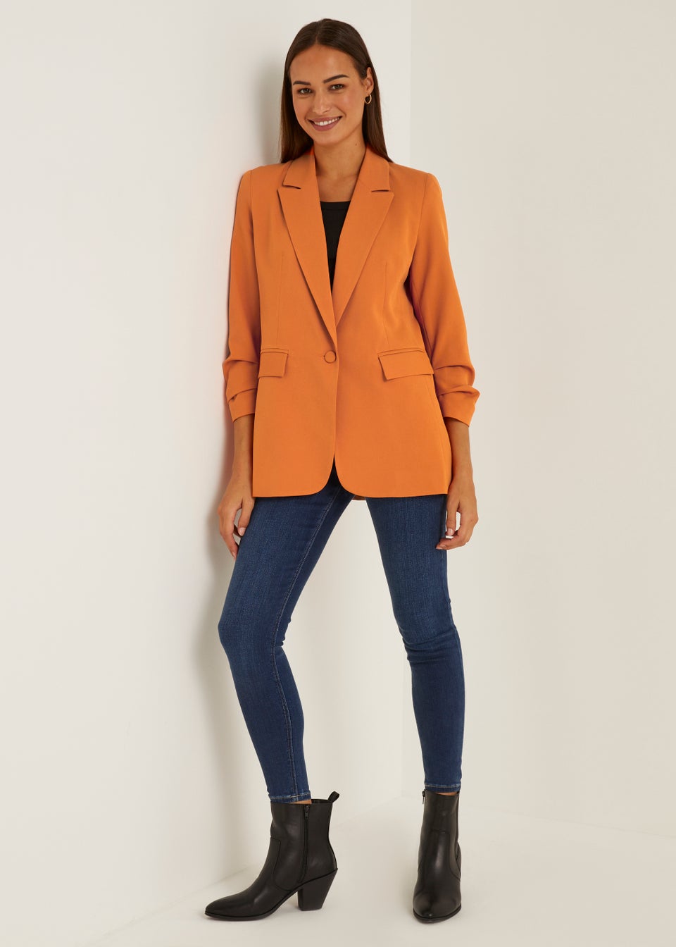 Et Vous Orange Ruched Sleeve Blazer
