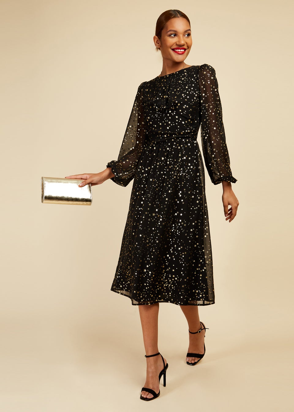 Little Mistress Black Star Print Midi Dress Matalan