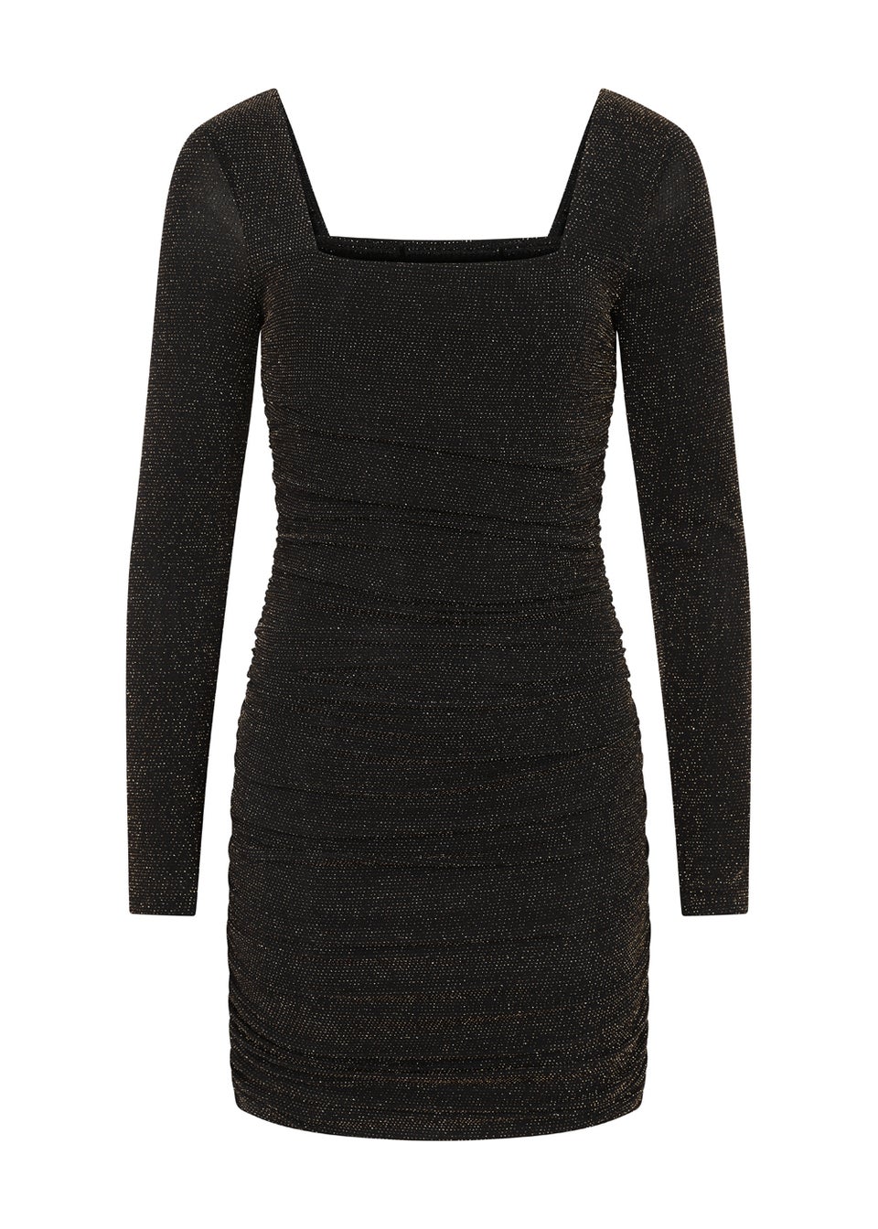 Girls on Film Black Sparkle Ruched Mini Dress