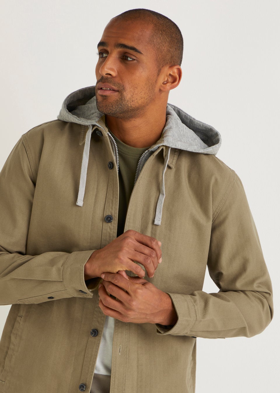 Stone Herringbone Hooded Shacket