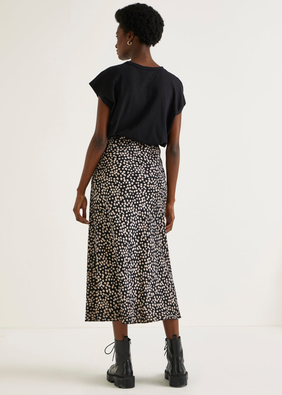 Black Spot Flared Hem Midi Skirt