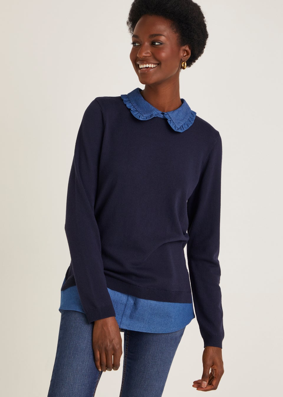 Papaya Petite Navy 2 in 1 Chambray Collar Shirt Jumper Matalan