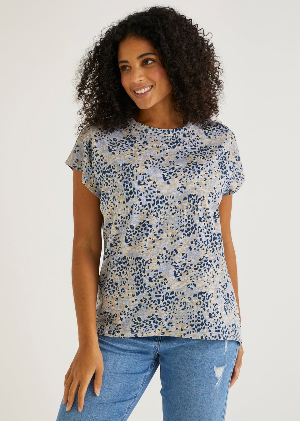 Blue Animal Print Essential Longline Cotton T Shirt