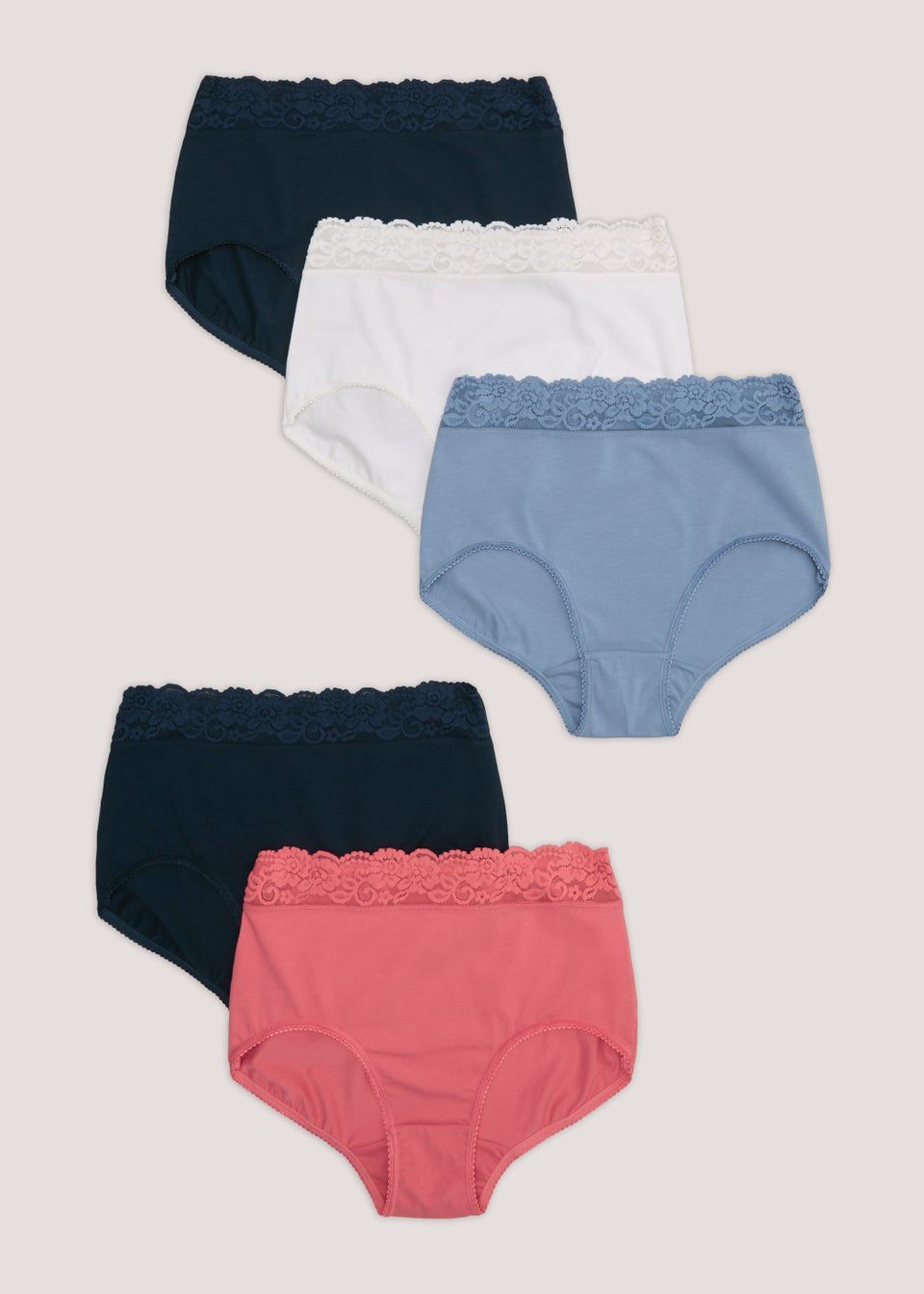5 Pack Women's Lace Top Knickers - Mix Of Briefs, Thong, High Leg, Midi, Full Brief & Shorts - Black/White