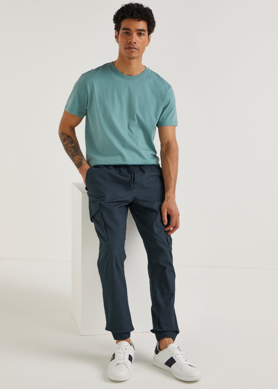 Navy Twill Cuffed Cargo Trousers - Matalan