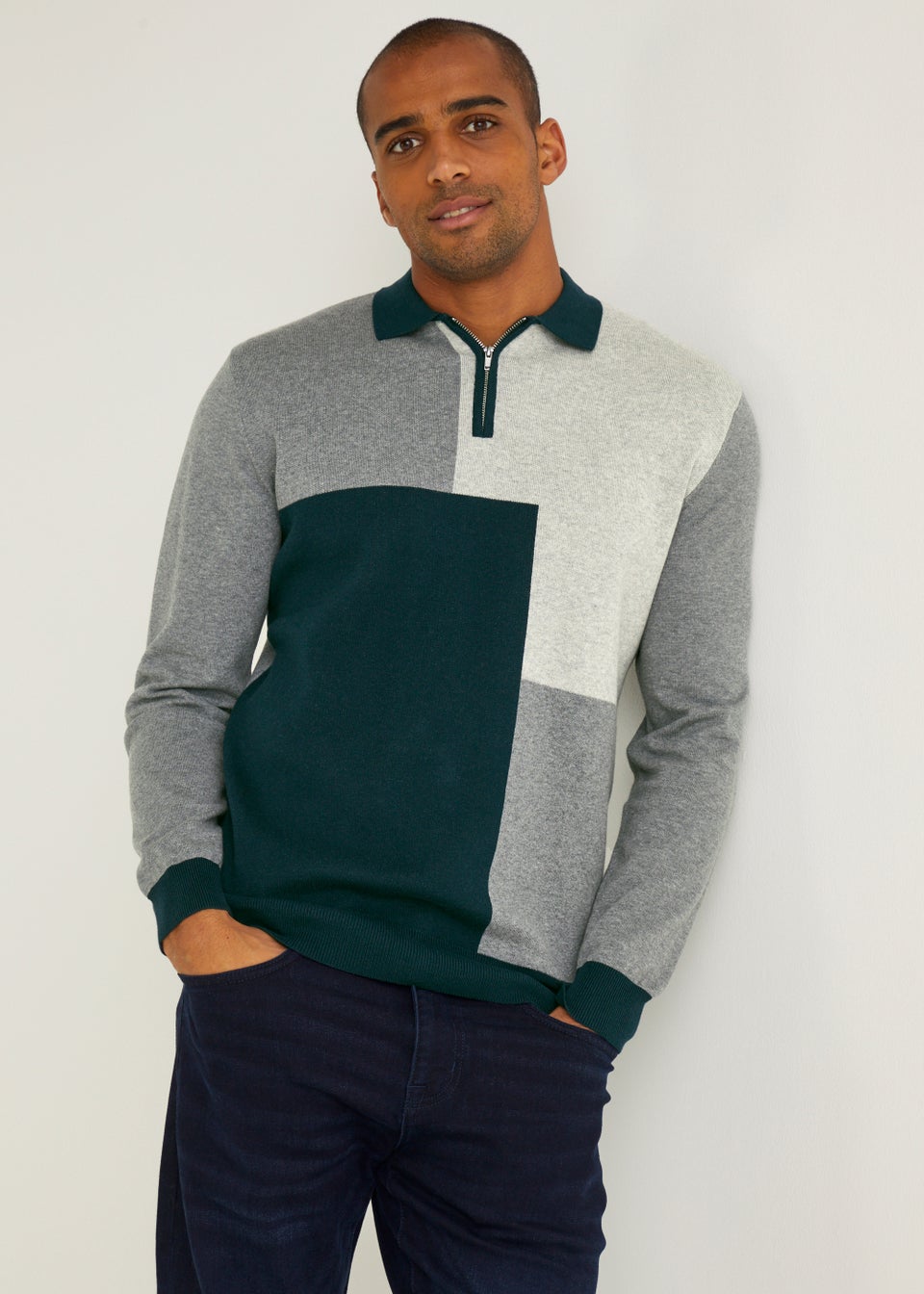 Grey Colour Block Long Sleeve Polo Shirt - Matalan