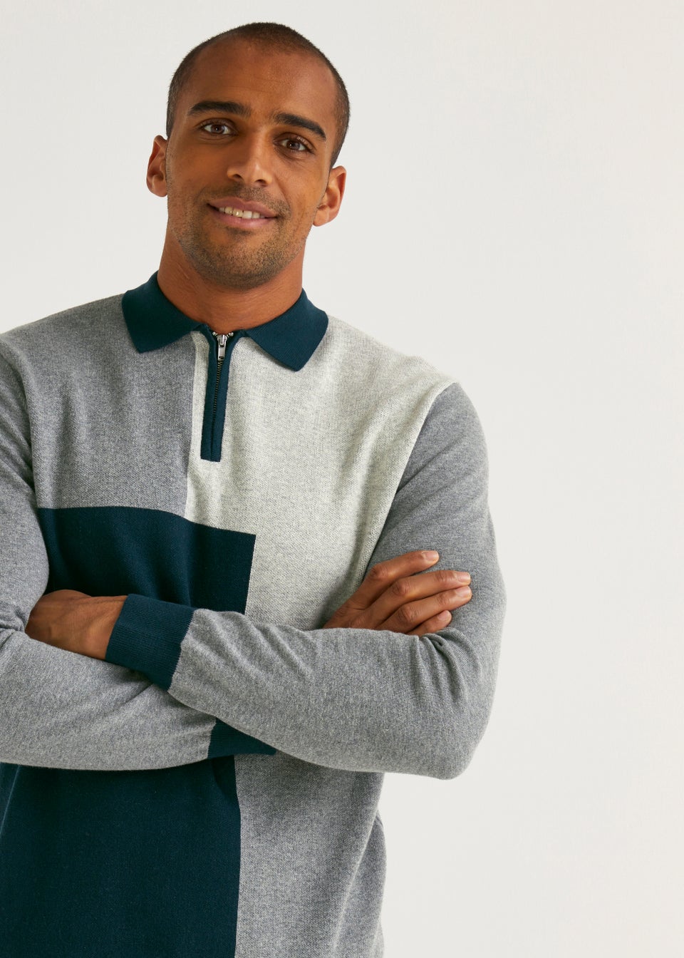Grey Colour Block Long Sleeve Polo Shirt