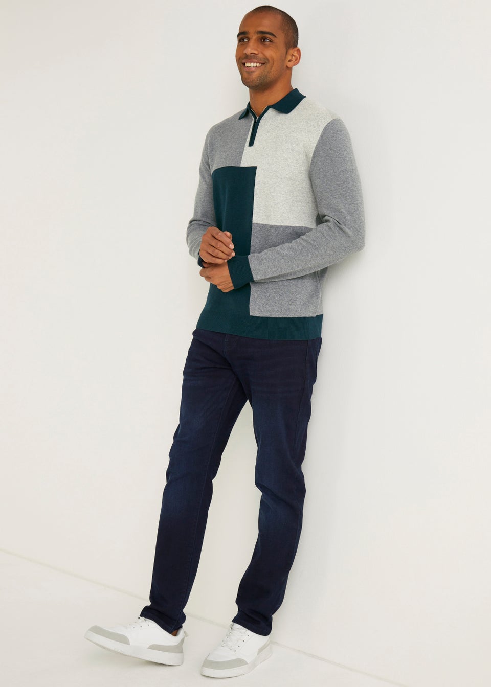 Grey Colour Block Long Sleeve Polo Shirt