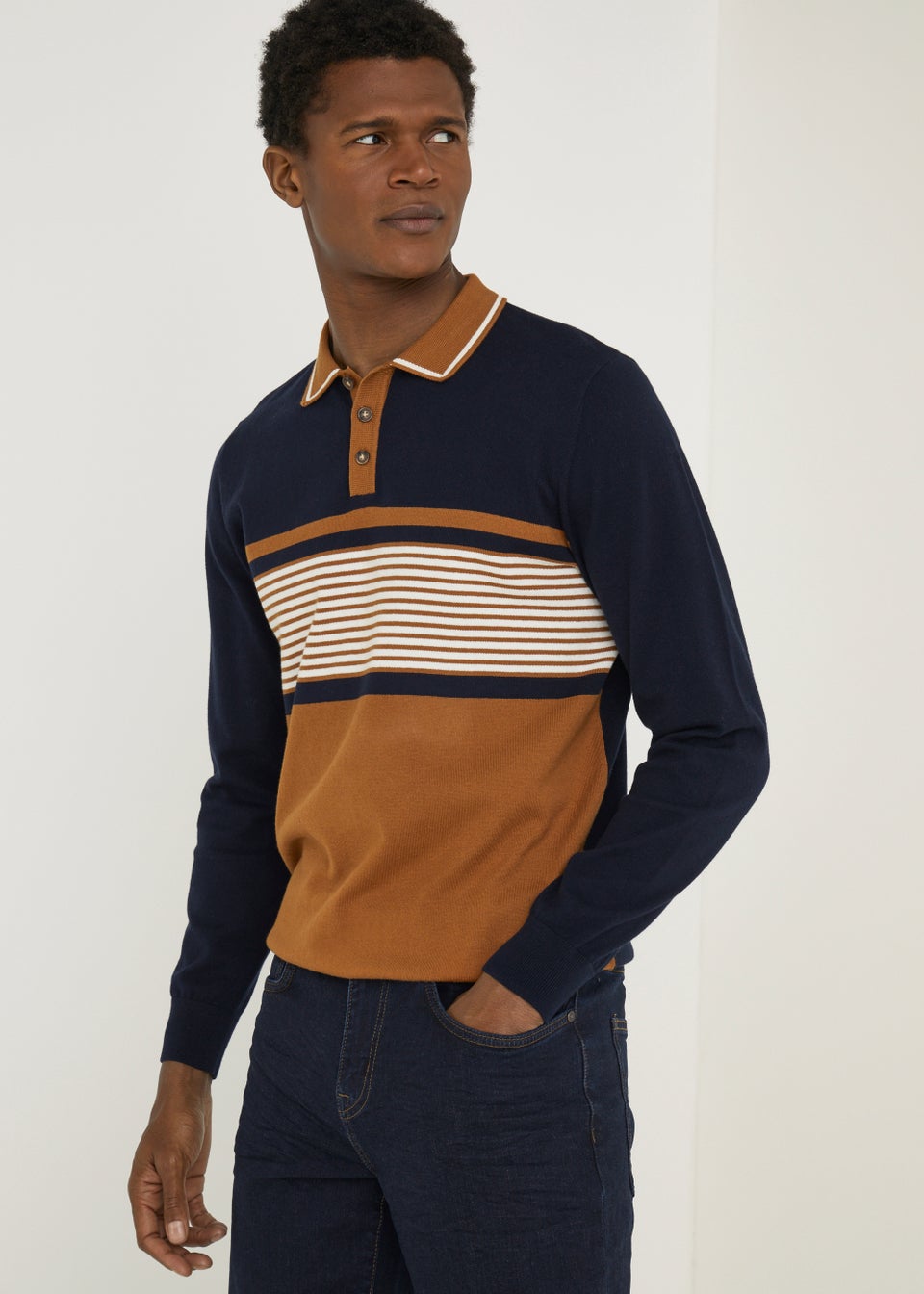 Navy & Tan Stripe Long Sleeve Polo Shirt - Matalan