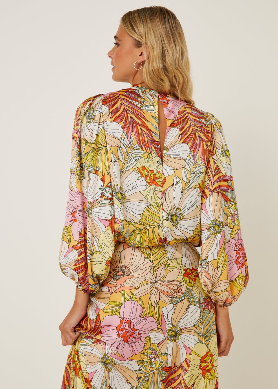 Be Beau Yellow Floral Balloon Sleeve Satin Blouse