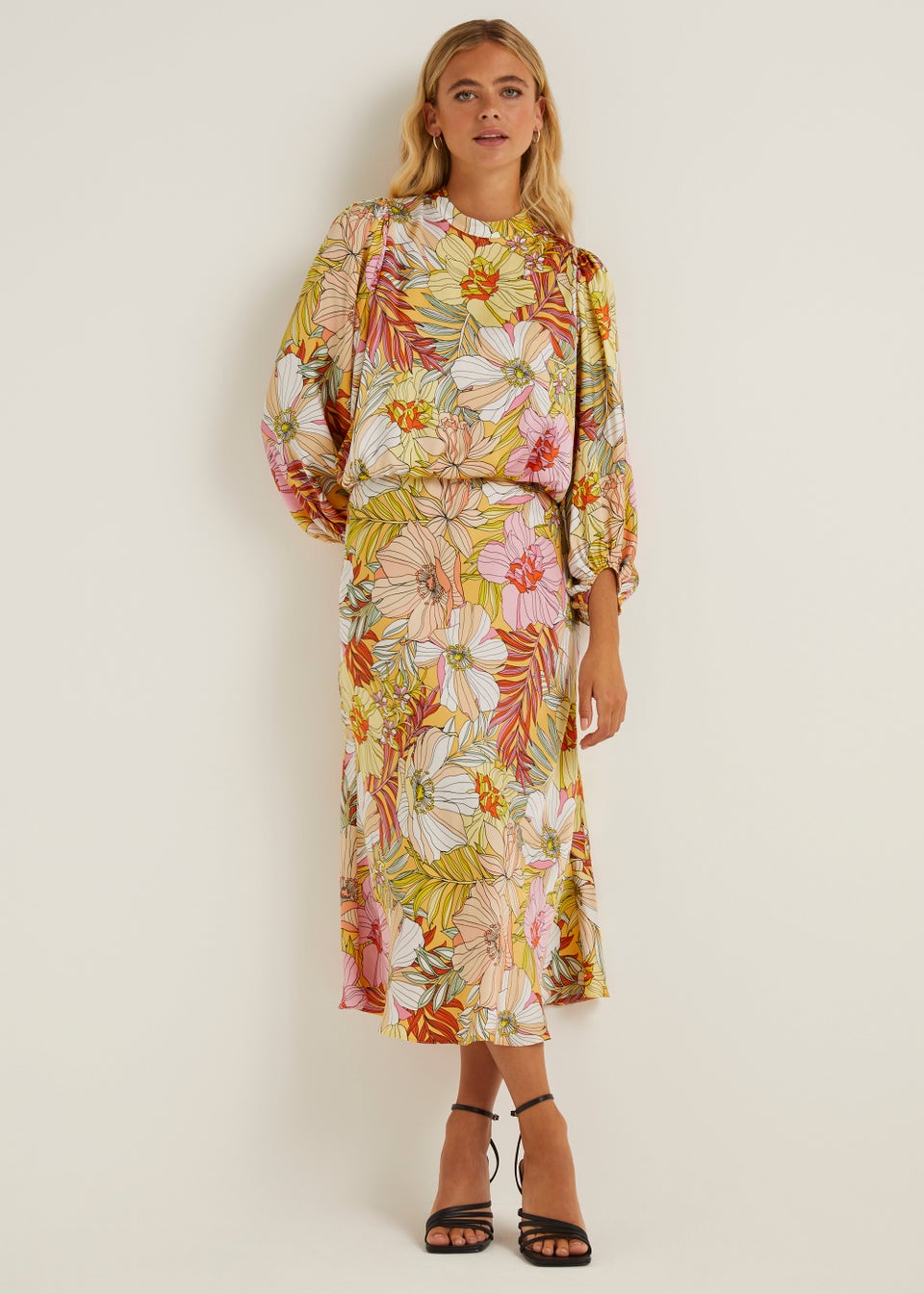 Be Beau Yellow Floral Balloon Sleeve Satin Blouse