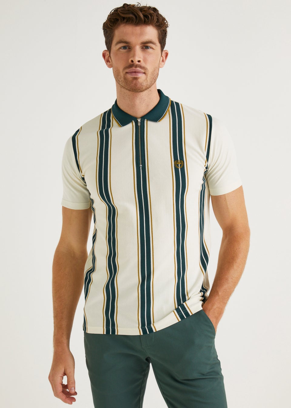 Green and white vertical striped polo shirt 2025