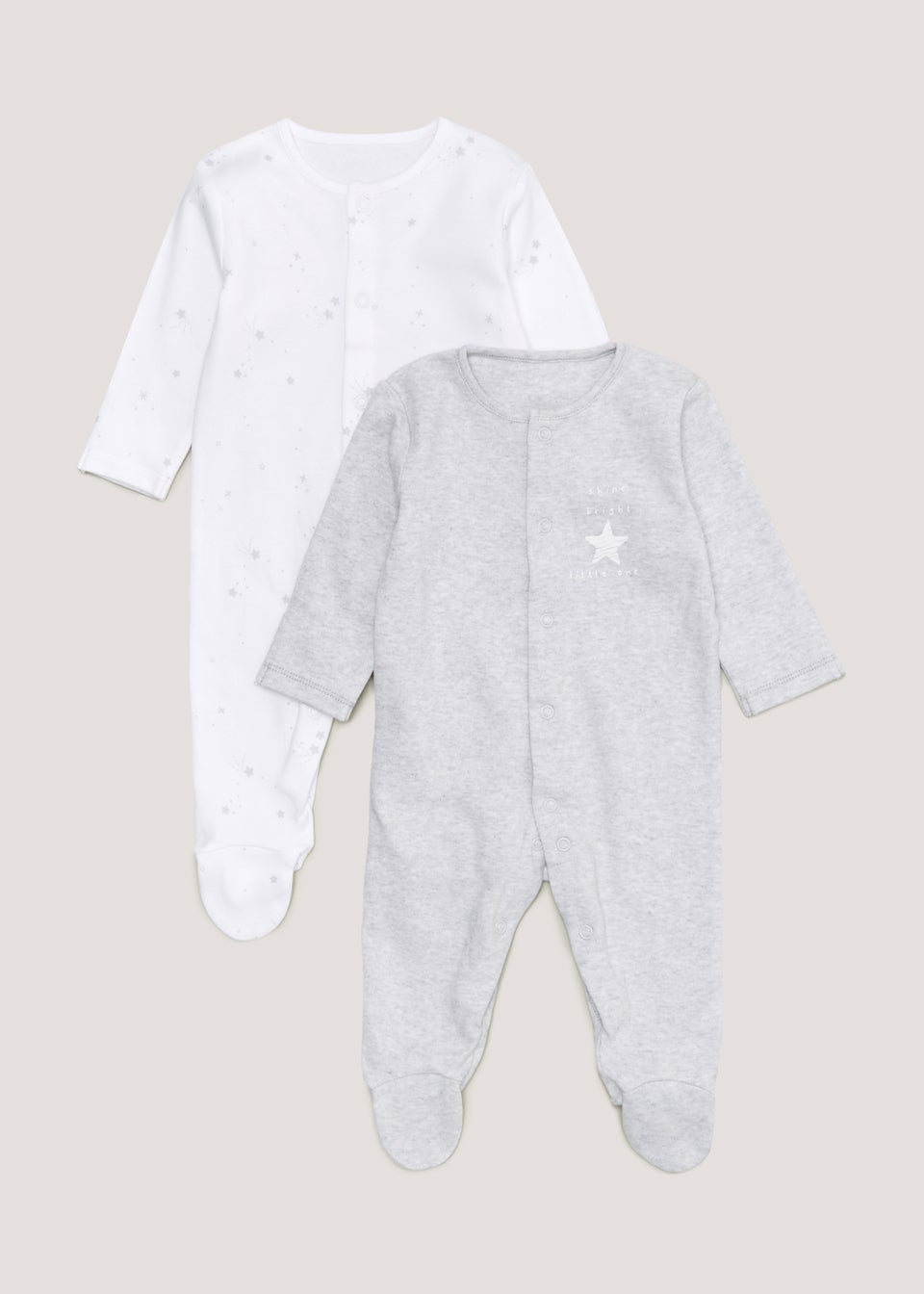 Baby 2 Pack Grey Star Sleepsuit (Newborn-23mths)