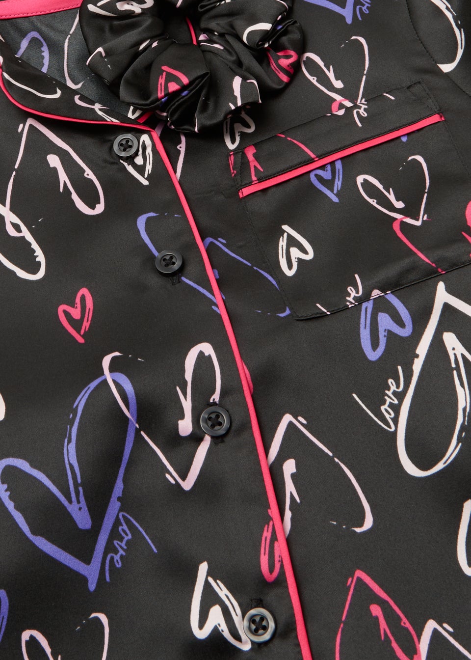 Girls Black Satin Heart Button Up Pyjama & Scrunchie Set (4-13yrs)