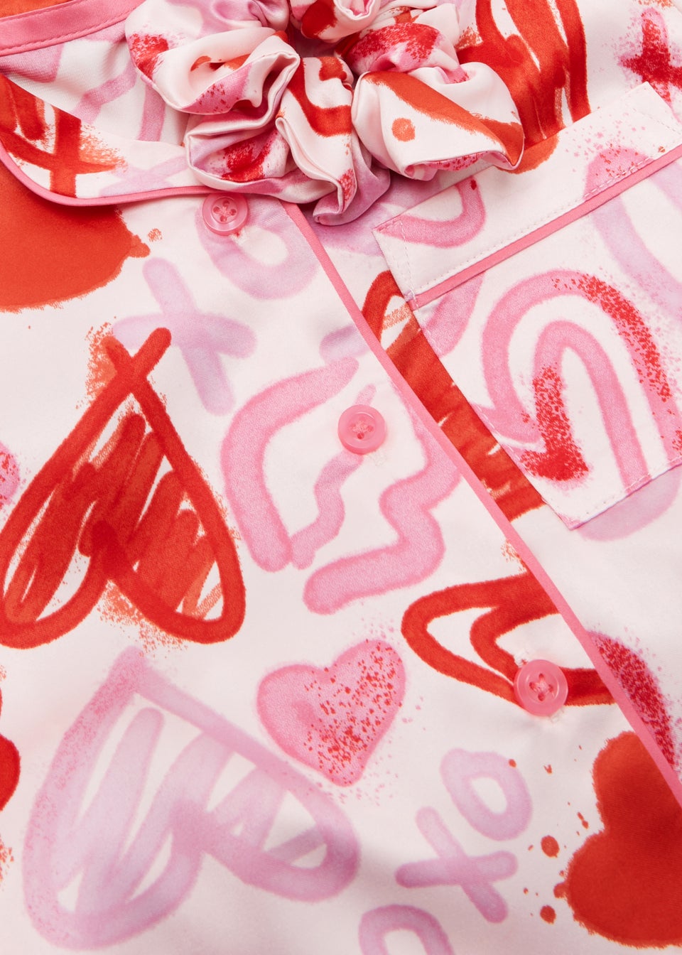 Girls Pink Heart Graffiti Satin Pyjama & Scrunchie Set (4-13yrs)