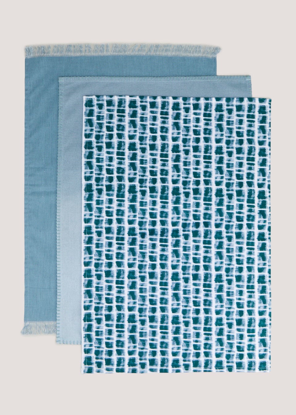 3 Pack Blue Plain & Print Tea Towels