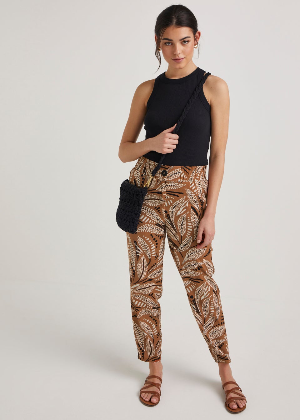 Brown Leaf Print Tapered Trousers