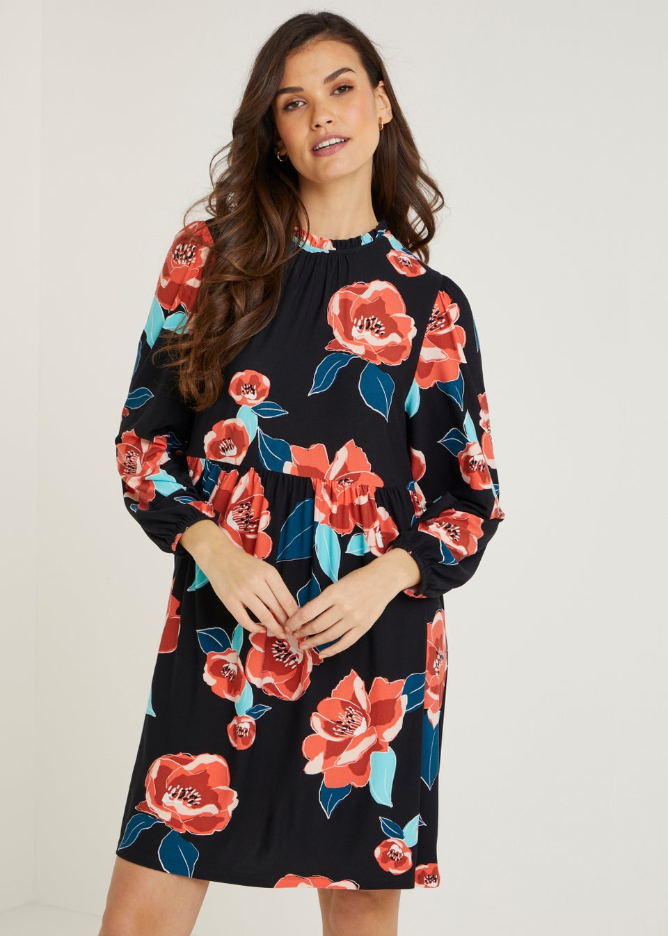 Papaya Petite Black Floral High Neck Dress