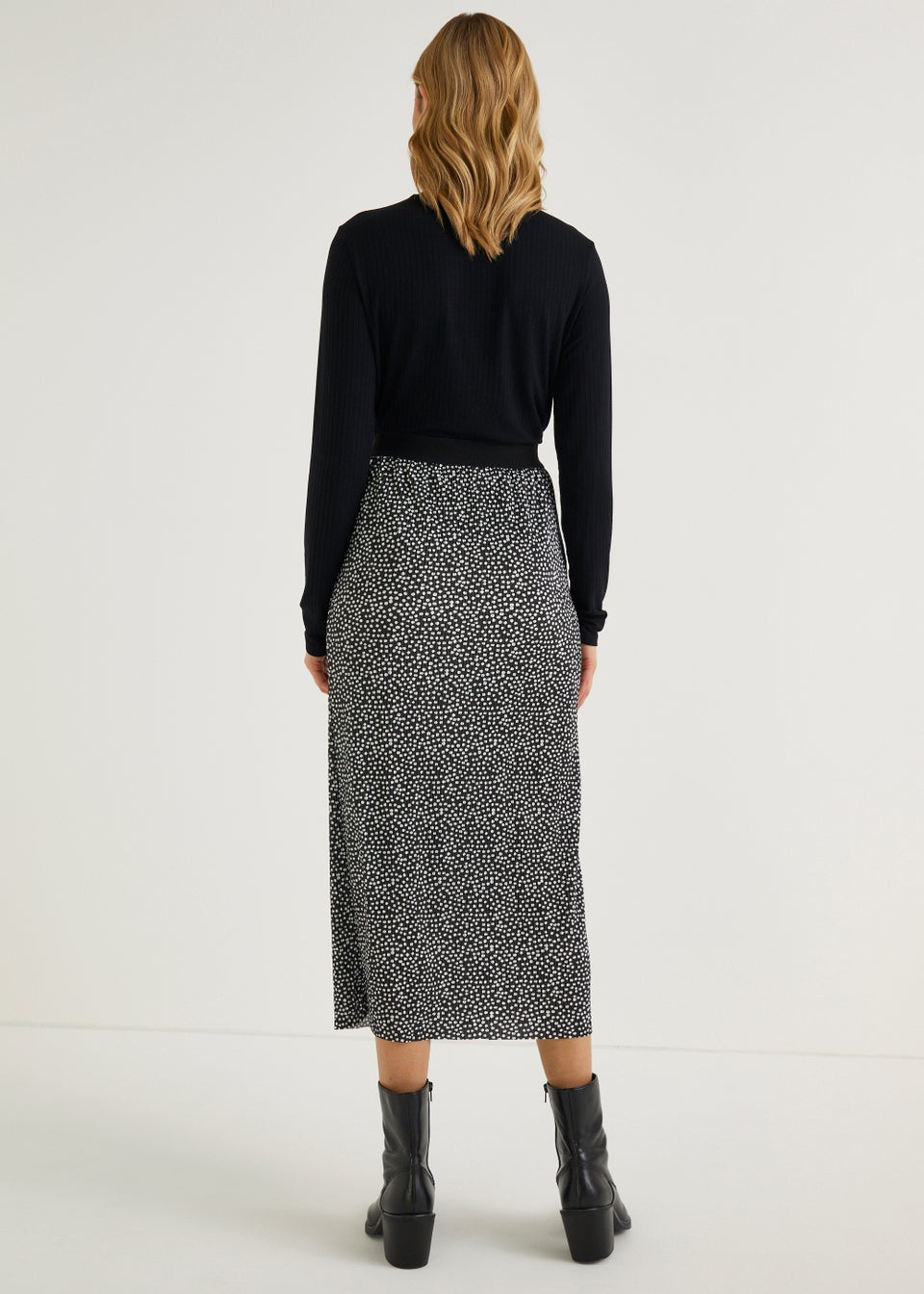 Black White Spot Plise Midi Skirt Matalan