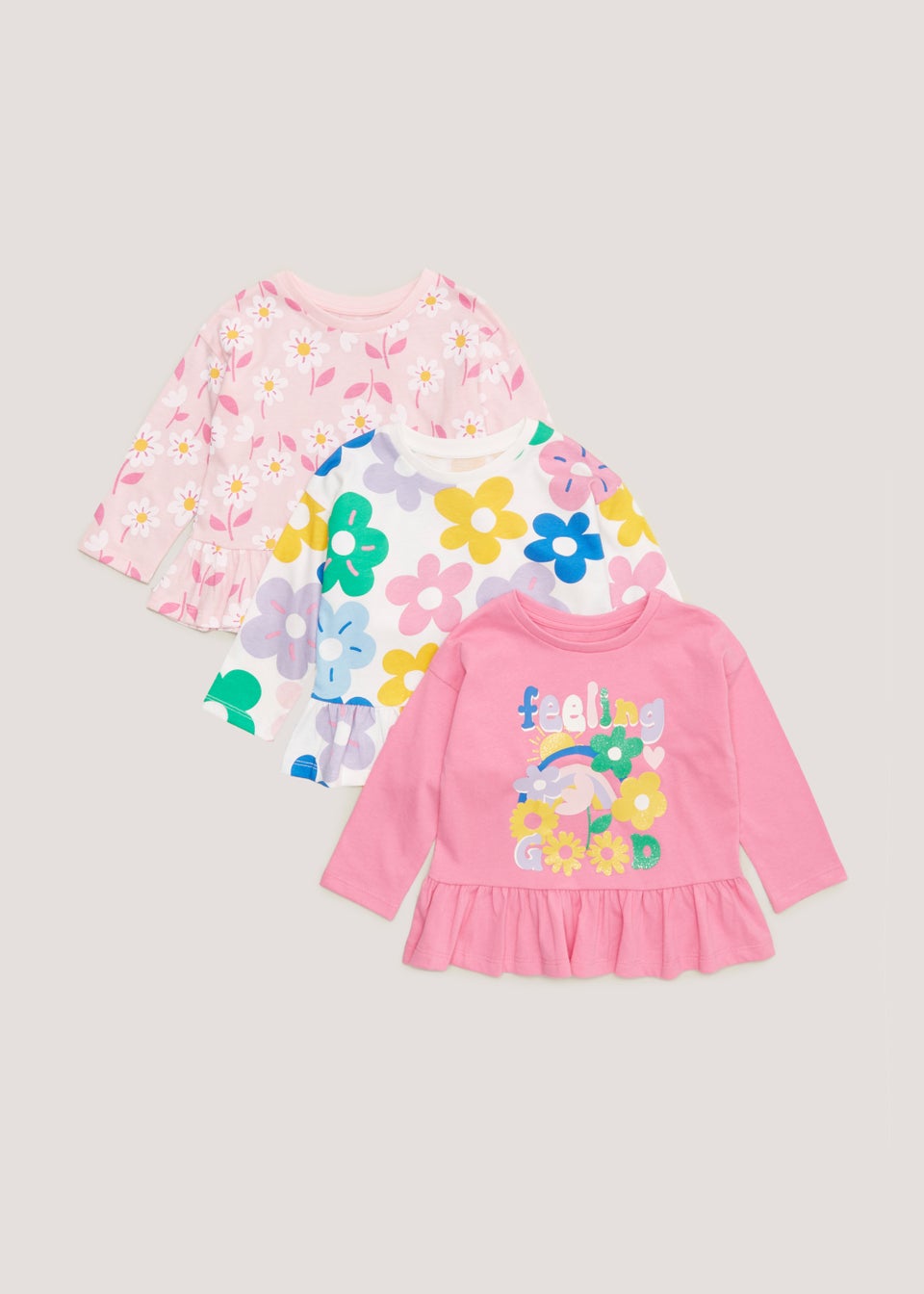 Girls 3 Pack Pink Floral Long Sleeve Top (9mths-6yrs) - Matalan