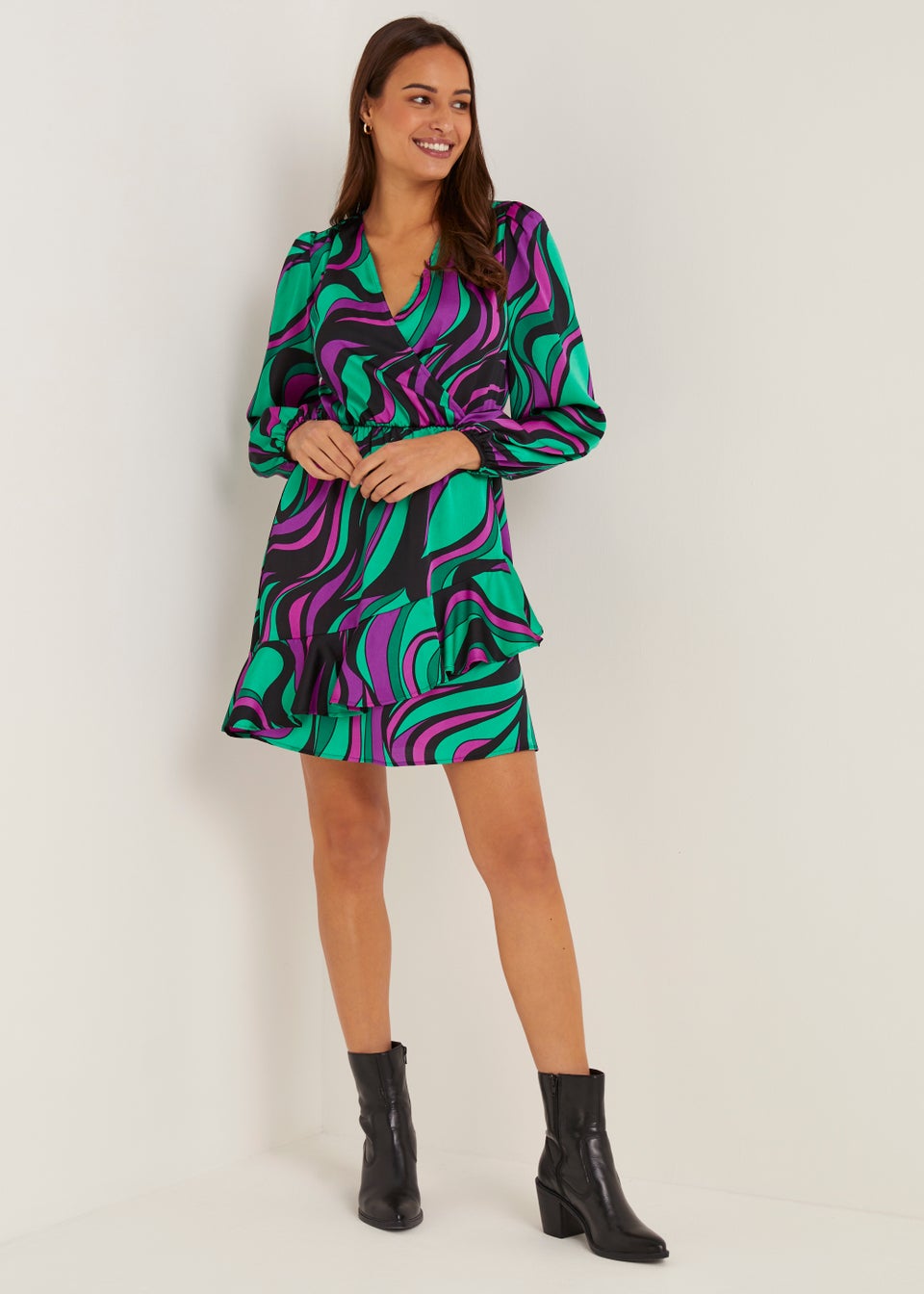 Swirl Print Satin Wrap Mini Dress