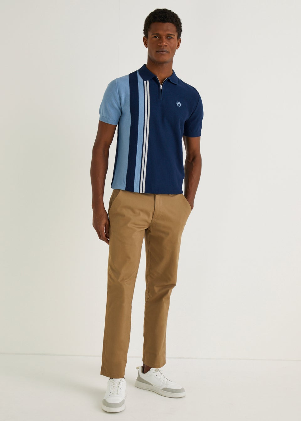 Navy Blue Stripe Quarter Zip Polo Shirt Matalan