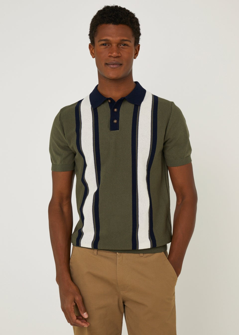 Khaki Stripe Textured Polo Shirt - Matalan