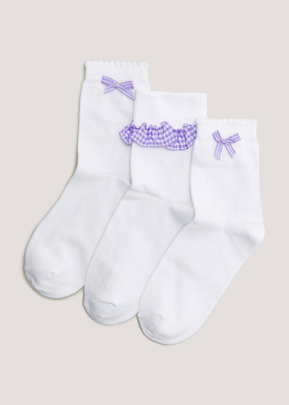 Girls 3 Pack White & Lilac Gingham Socks (Younger 6-Older 5.5)