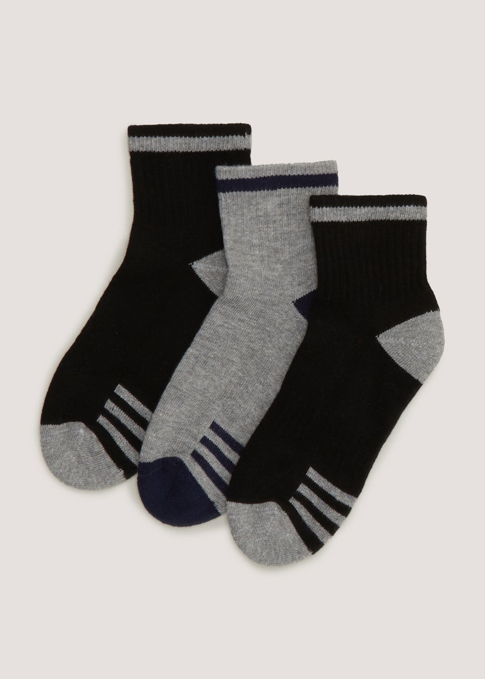 Kids 3 Pack Black & Grey Sports Socks (Younger 6-Older 6.5)