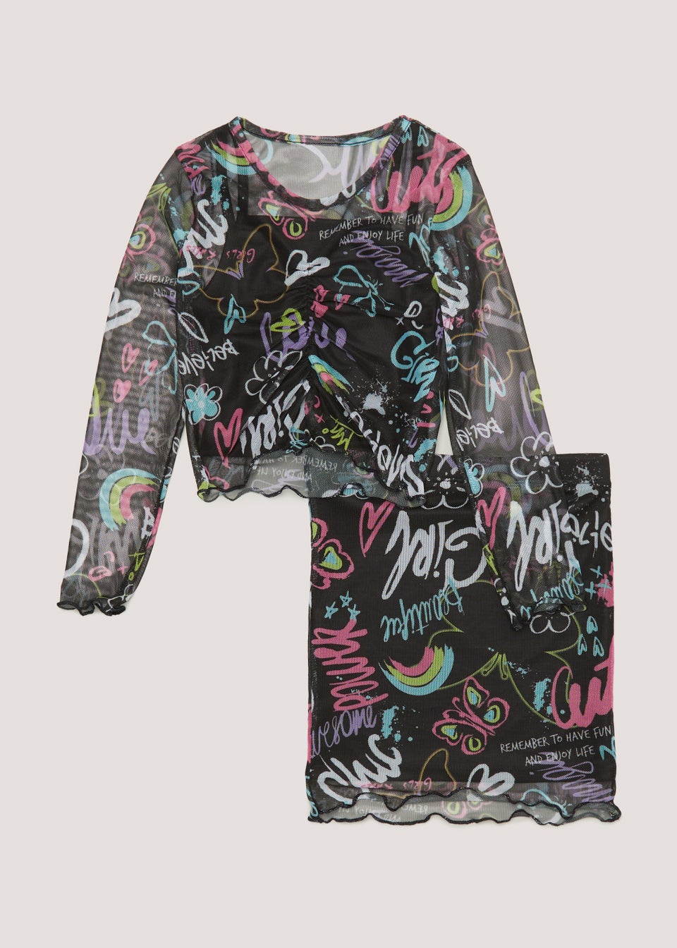 Girls Multicoloured Graffiti Ruched Mesh Top & Skirt Set (4-13yrs)