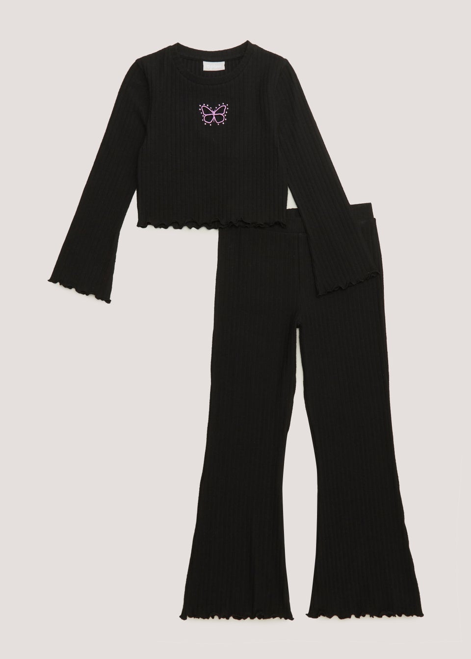 Girls Black Butterfly Ribbed Top & Flared Trousers Co-Ord Set (4-13yrs)
