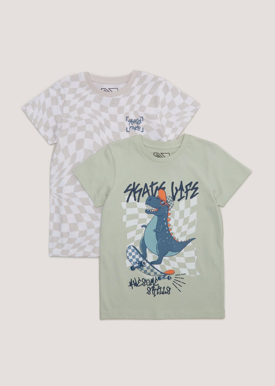Boys 2 Pack Check Dinosaur T-Shirts (4-13yrs)