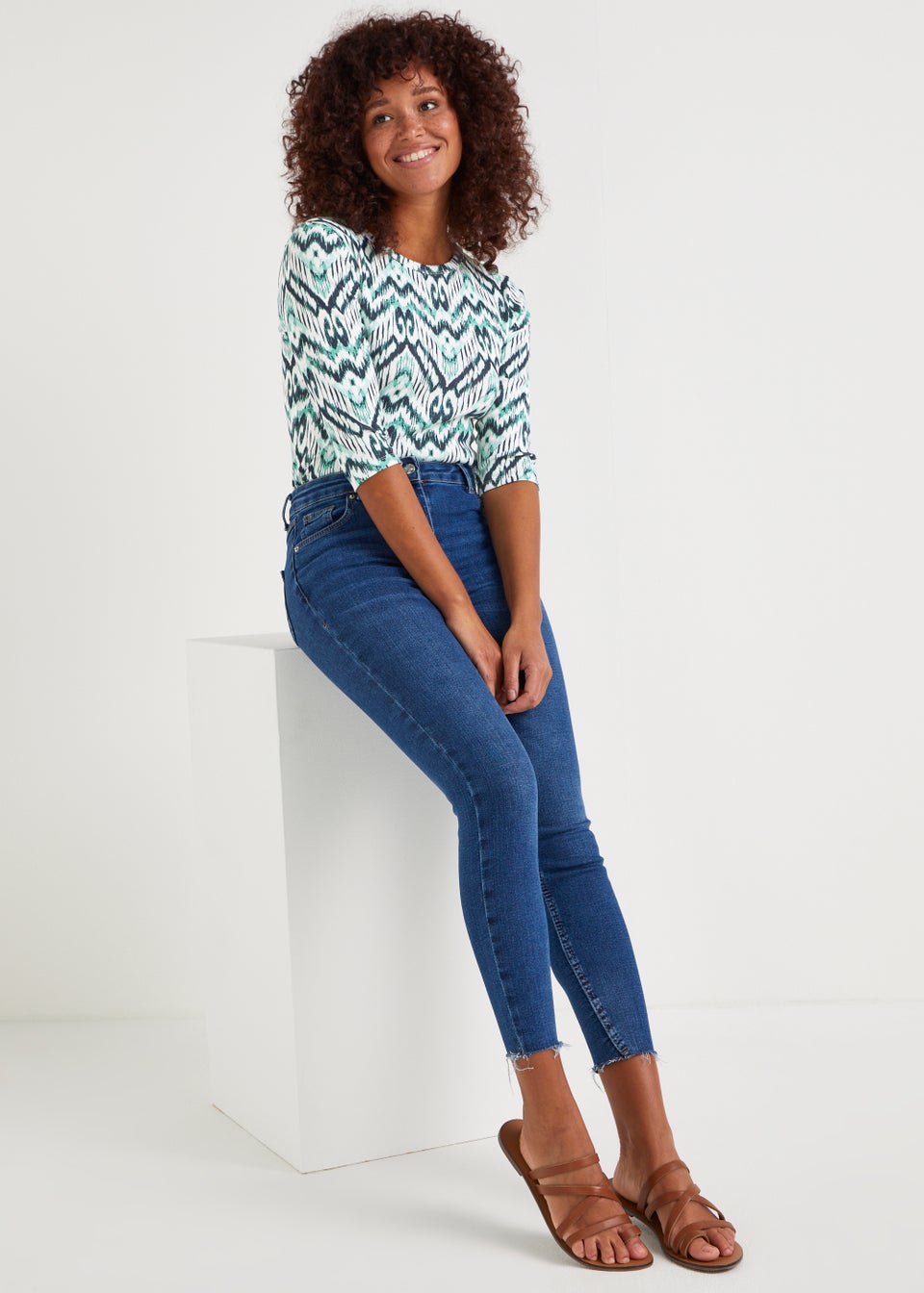 Blue Aztec Print 3/4 Sleeve T-Shirt