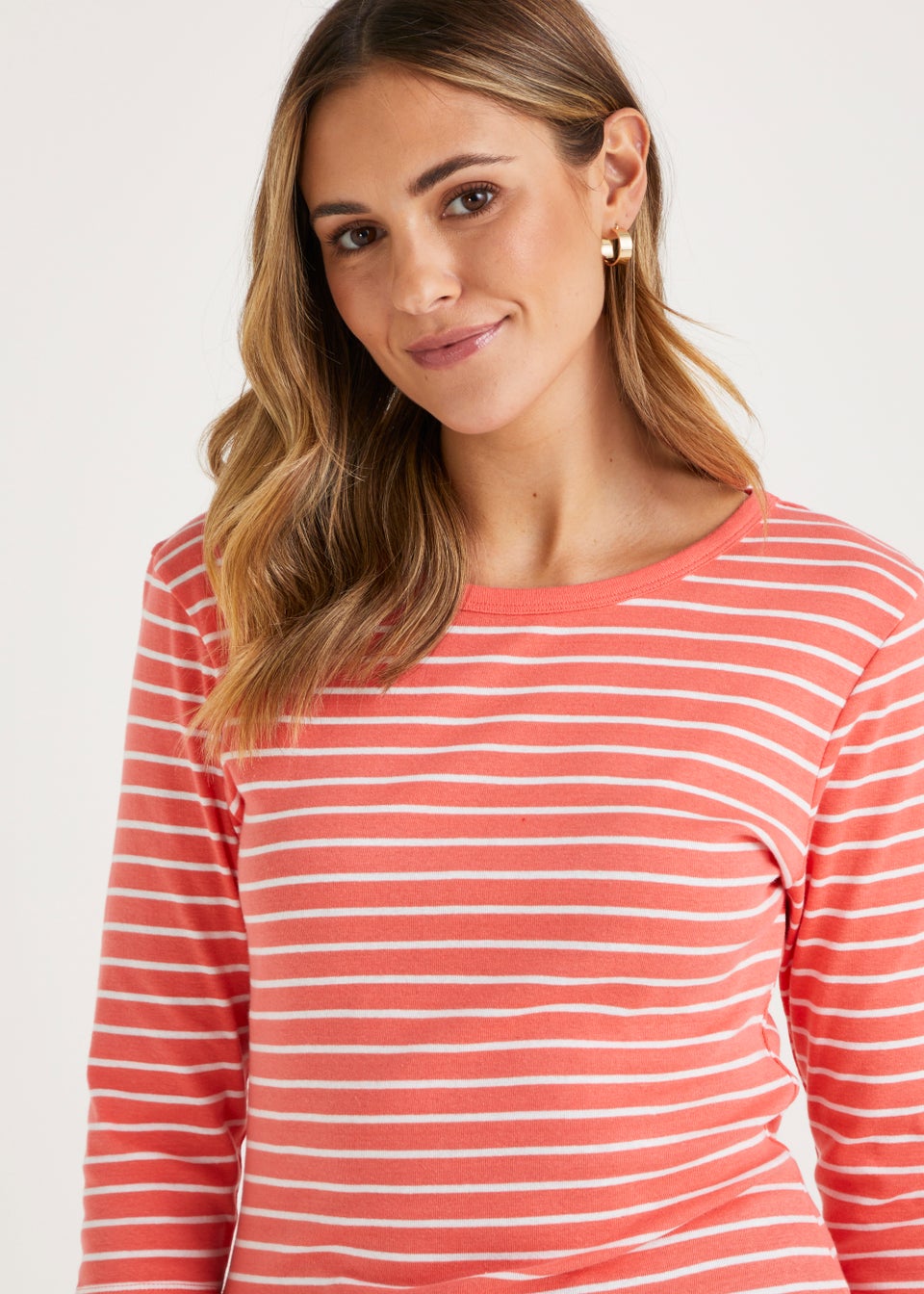 Coral Stripe 3 4 Sleeve T Shirt Matalan