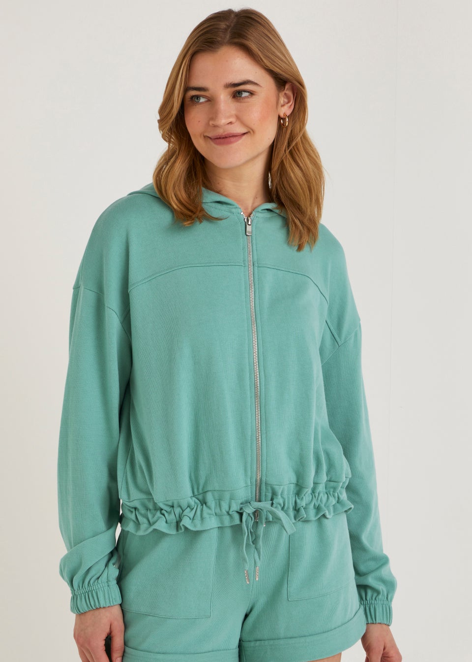 Teal Drawcord Zip Up Co-Ord Hoodie