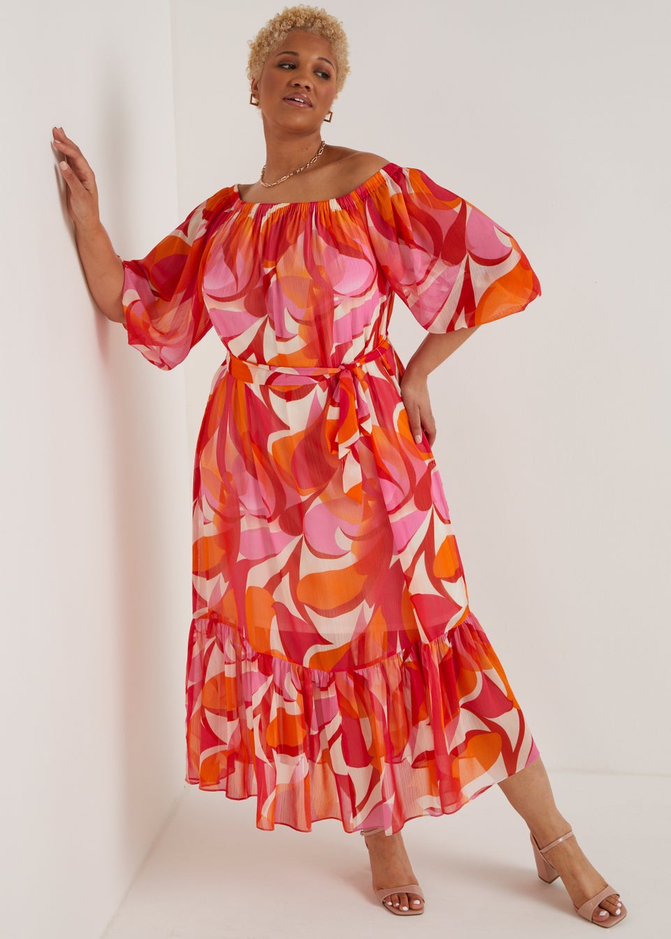 Papaya Curve Red Chiffon Bardot Dress Matalan